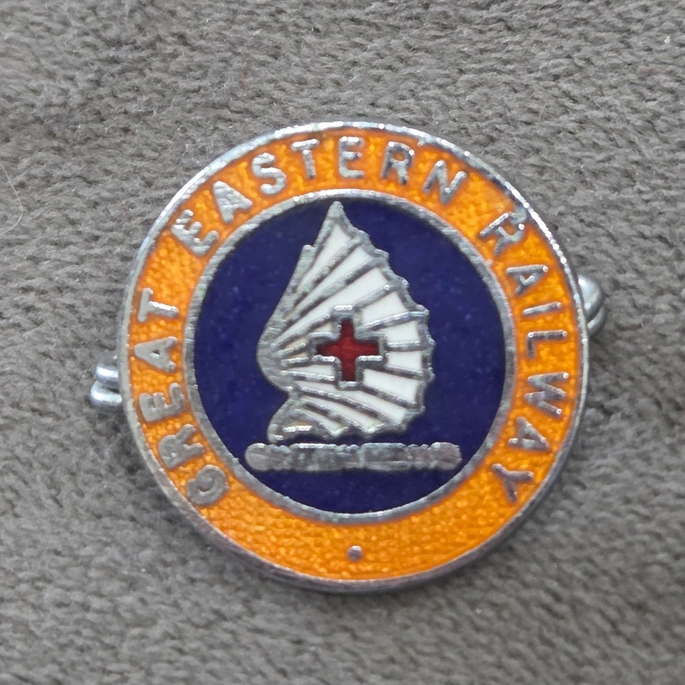 Vintage Great Eastern Railway GER Enamel Pin Badge Blue Orange Red Cross Rail